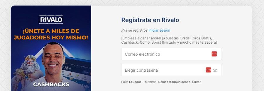 Formulario de registro en Rivalo Casino